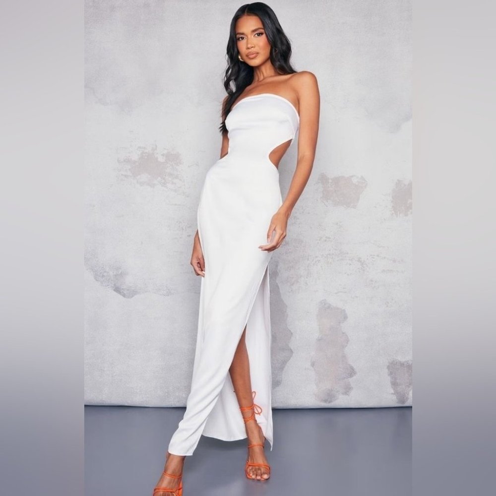 White satin cutout strapless maxi dress